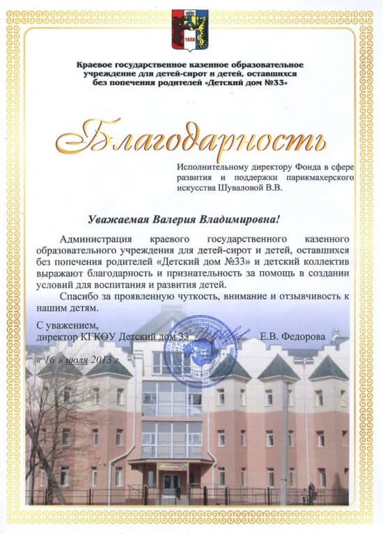 Благодарность от детского дома Хабаровск